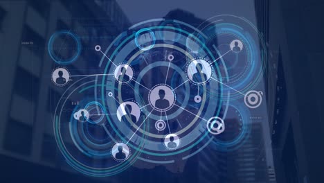 Animation-of-digital-circles-and-profile-icons-interconnecting-with-lines-against-modern-skyscrapers