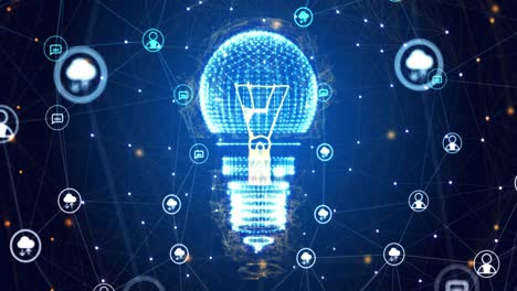 Animation-of-light-bulb-spinning-with-network-of-connections-on-blue-background